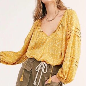 Free People All Tucks Yellow Floral Bodysuit - Small